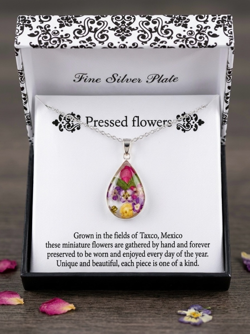 Taxco Mexico Real Pressed Flower Teardrop Necklace Silver Plate NIB Mother's Day - Picture 2 of 5